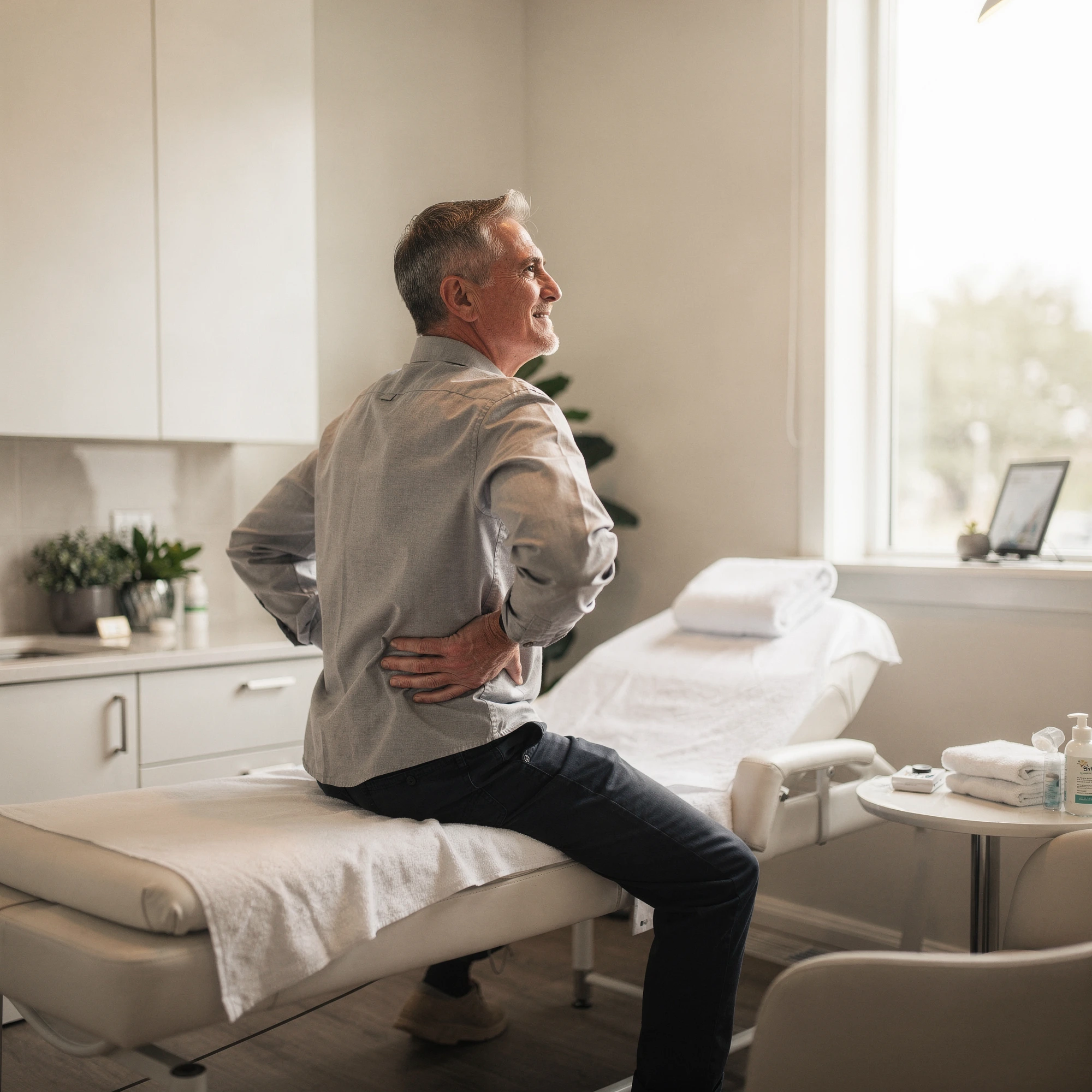 Man sitting on examination table holding lower back in pain management clinic